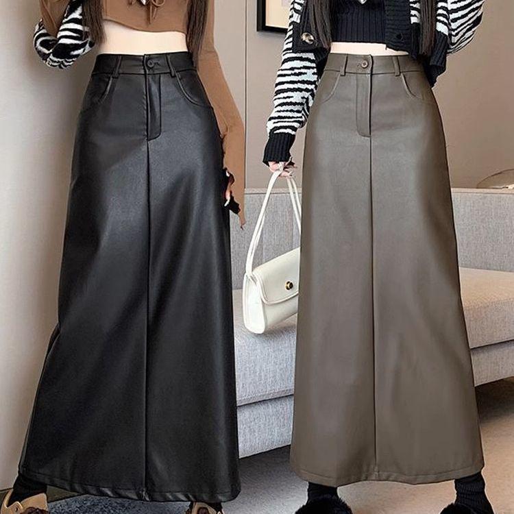 2025 A/W Women's Retro PU Leather Slit A-Line Mid-Length High Waist Skirt