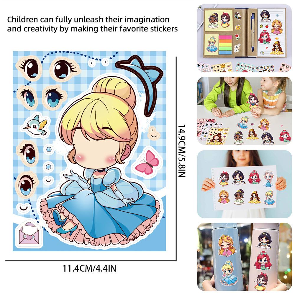 8/16Sheets  Princess Cute Puzzle Sticker Make a Face Doodle Children Toys Gift Decoration Water Cup Laptop Suitcase Decals
