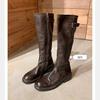 New Spot Grape Mother, the Same Washed Horse Leather Belt Buckle Thick-soled Medium and High Knight Boots, Women's Knee Boots