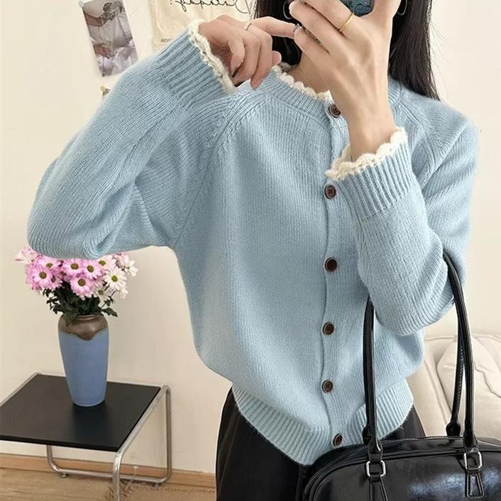 Autumn Winter Lace stitching Knitted Sweater Short Cardigan jacket Loose Crew Neck korean Fashion solid Sweaters for youth Women