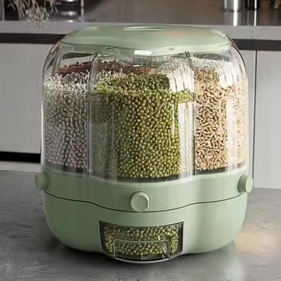 Rotating Grain Storage Bin Large Capacity 6 Grids Design Moisture-Proof Transparent Rice Container Cereal Dispenser Bucket
