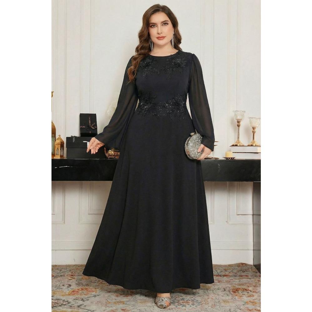 Plus Size Elegant Round Neck Beaded Embroidered Sequin Evening Gown Formal Wedding Party Bridesmaid Dress