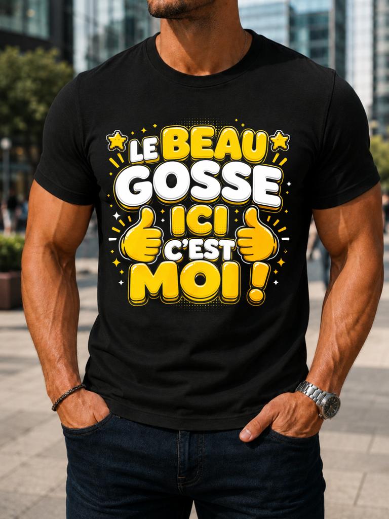 Le Beau Gosse Ici Est Moi French Handsome Guy Quote With Thumbs Up Icons Stars And Bold Yellow Unisex All Tshirt