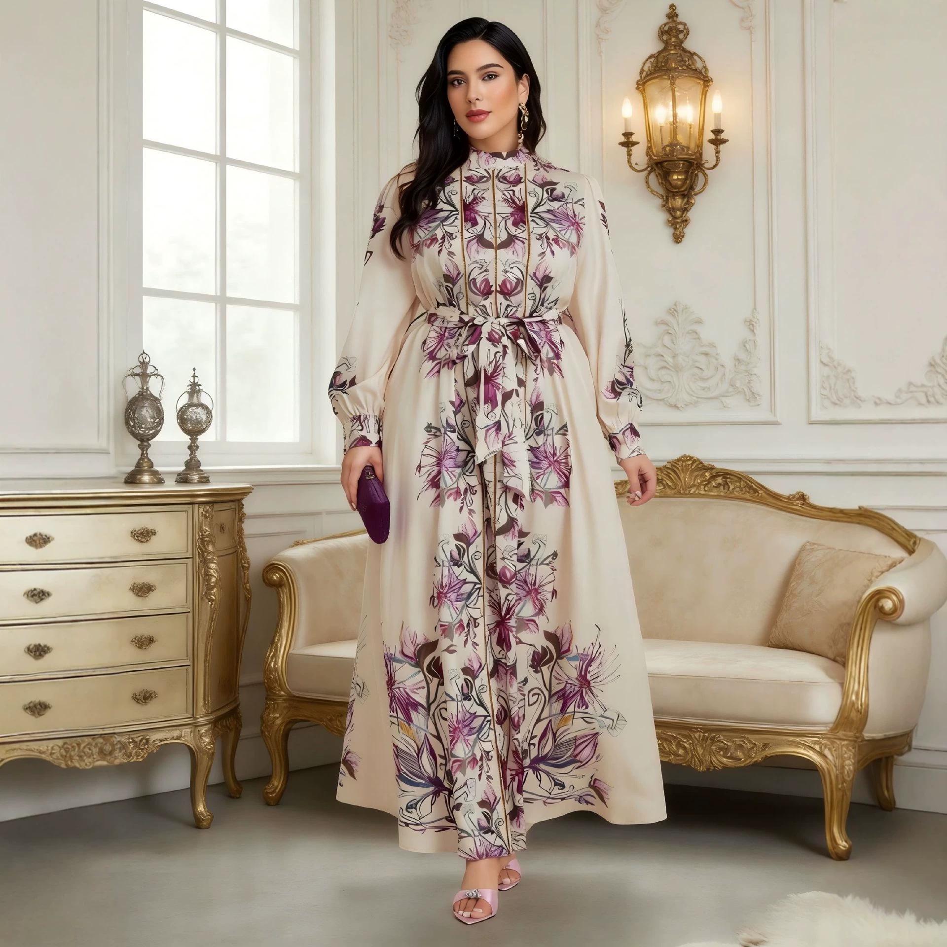 

Dubai-Inspired Islamic Floral Lantern Sleeve Dress with Stand Collar 3XL різнокольоровий