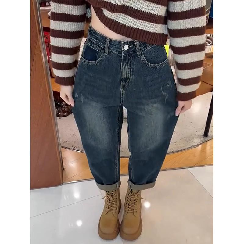 Plus Size Fleece-Lined Retro Harem Jeans for Women - High Waist Loose Fit Winter 2025