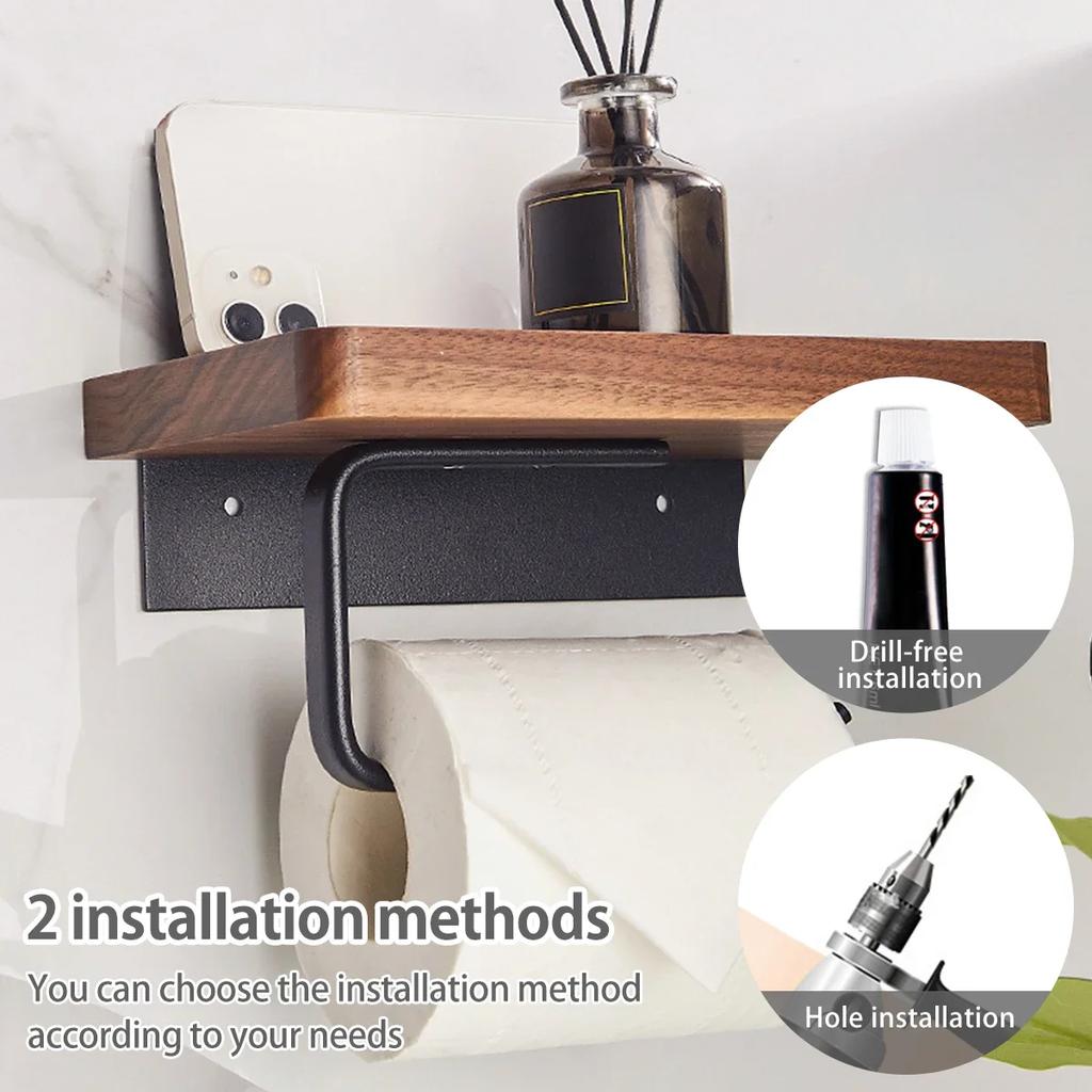 Modern Walnut Bathroom Tissue Holder-No Drill Wall-Mounted Organizer with Phone Shelf Solid Wood Paper Roll Rack for Toilet