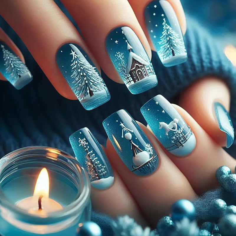 Snowflake Press on Nails Christmas Long Square Fake Nails Winter Snowman Acrylic Glue on Nail Glossy Xmas Stick on Nail for Women