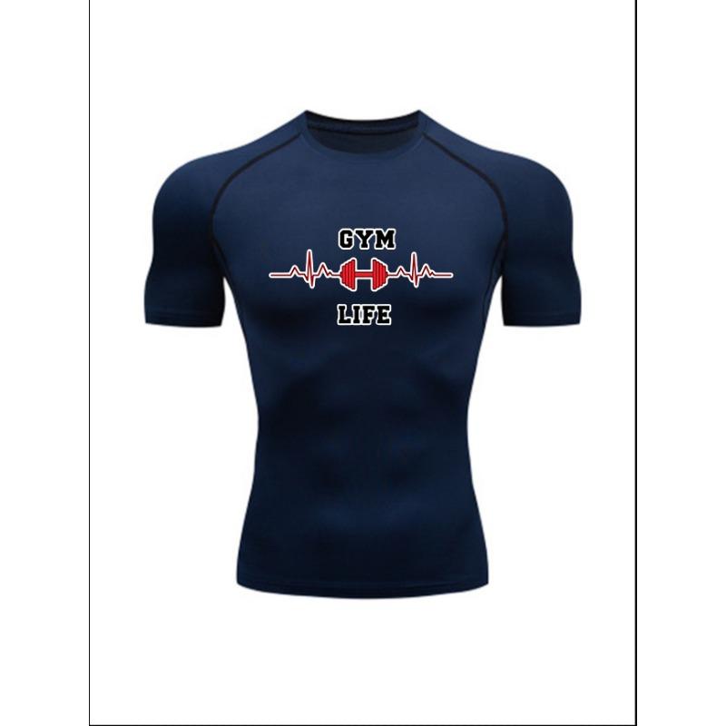 

Men S Grey Gym Life Heartbeat Dumbbell Print Compression T-Shirt, Quick Dry Short Sleeve Gym Workout Tee, Muscle Fit Athletic Training Top for Men 3XL