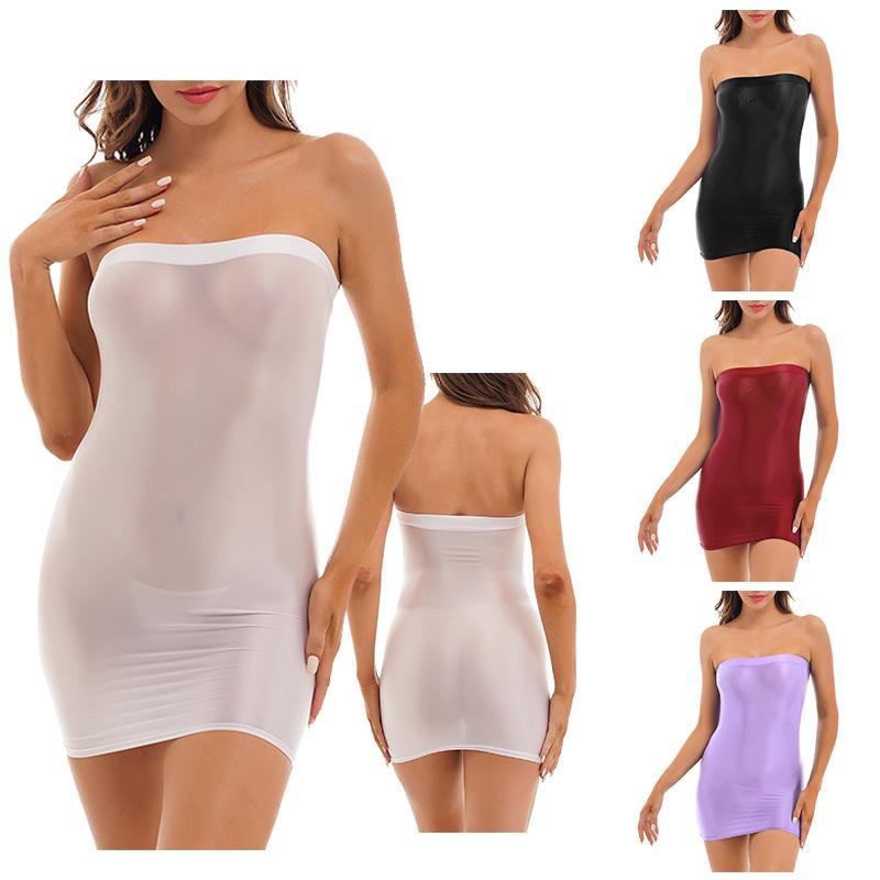 Women's Glossy Sheer Strapless Mini Dress Bodycon Sleeveless Tube Night Club Short Dress