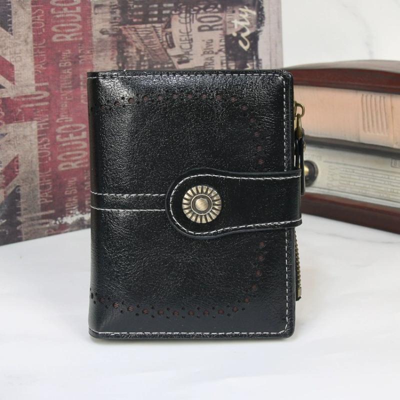 Women Short Hollow-Out Wallet Vintage PU Leather Multi Card Holder Zipper Coin Purse Small Lady 3 Fold Clutch Wallet