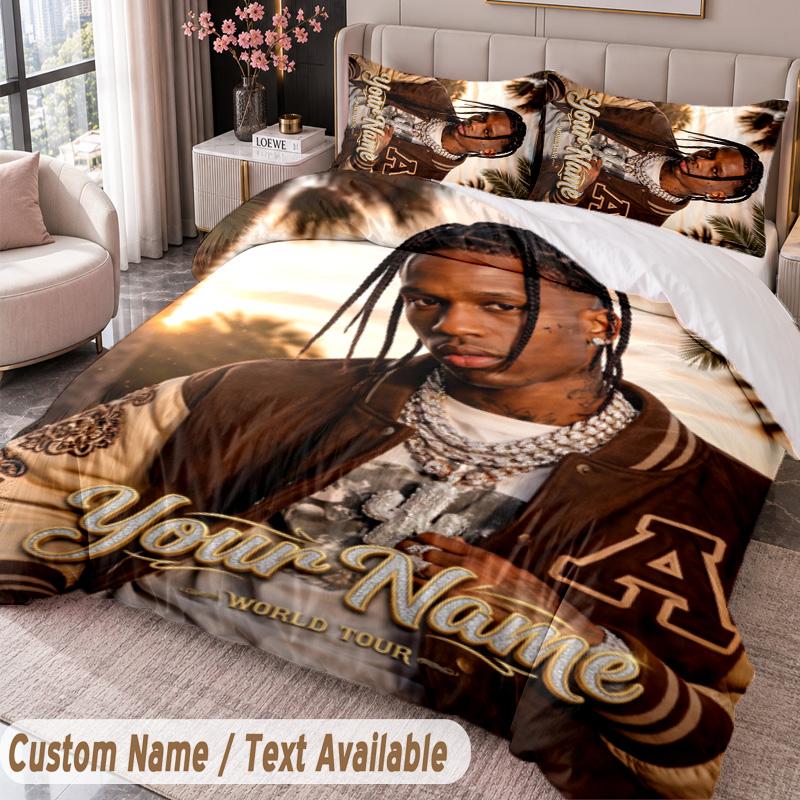 Custom Name Text 3Pcs Bedding Set Travis Scott Duvet Cover And Two Pillowcases