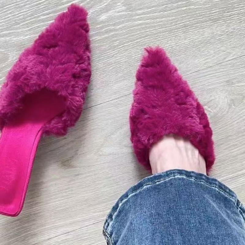 New Slippers Casual Shoes Woman Pink Slides Shallow Butterfly-Knot Med Cover Toe Fur Flip Flops Pantofle Luxury Plush Pumps