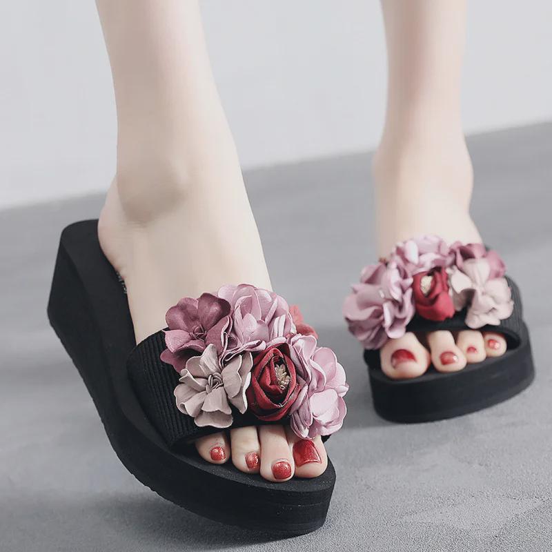 Dámské letní klínkové žabky: Plážové sandály na vysokém podpatku s protiskluzovou podrážkou