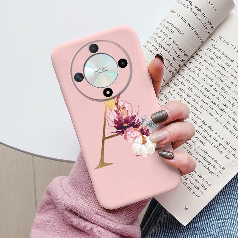 Buchstaben-Handyhülle für Honor X9b X9a Magic5 Lite Magic6 Lite 5G Hülle Retro-Blumen Rosa Schwarz Weiches TPU Initialen Silikon Fundas