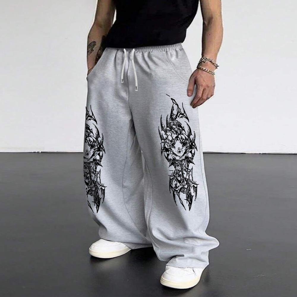 

White Wide Leg Sweatpants with Black Tribal Dragon Print Streetwear XXL