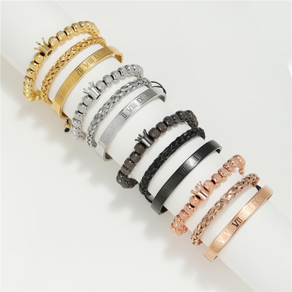 Vintage Crown Stainless Steel Bracelet Set With Letter And Number Charms For Men And Women