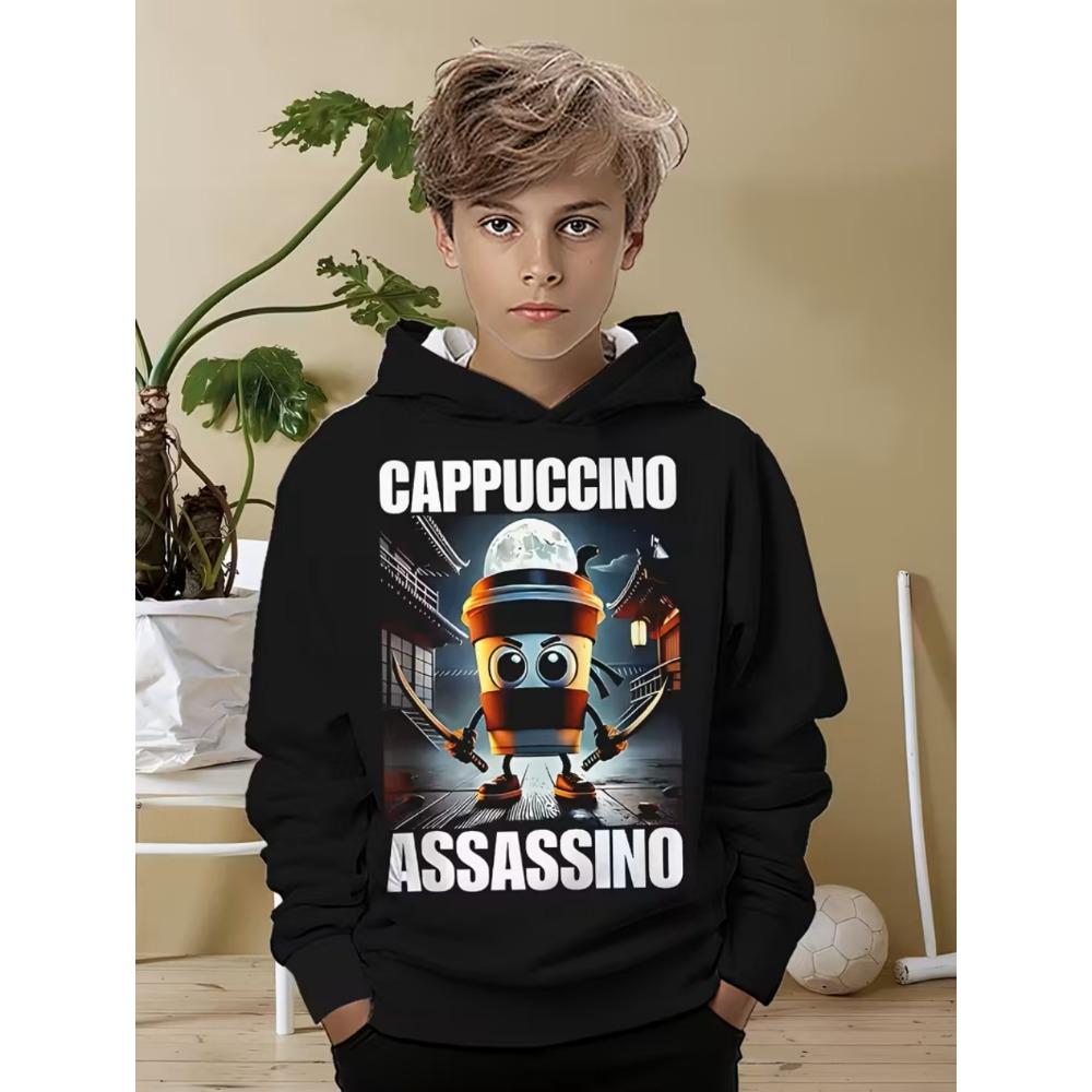 

Смішні худі Cappuccino Assassino для хлопчиків та дівчаток, смішний італійський принт Brainrot, худі з довгим рукавом, капюшонки, дитячі худі з гумором 160