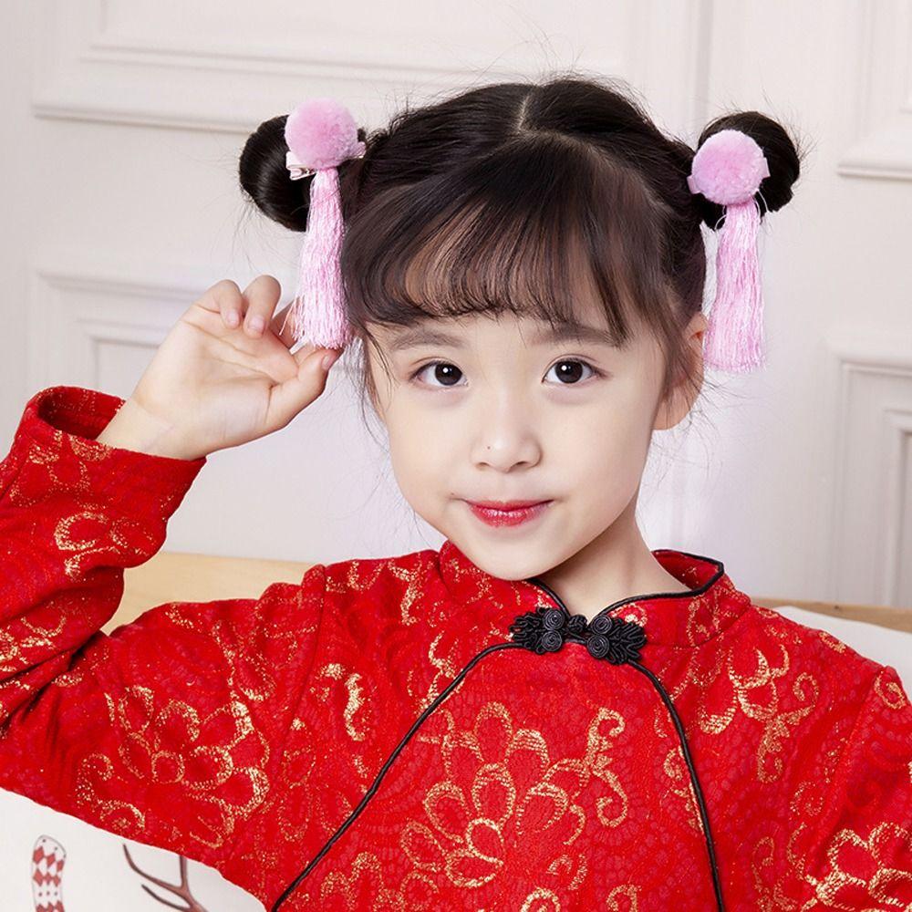 New Year Plush Ball Children Barrettes Duckbill Clips Chinese Hanfu Hair Clips Festival Hairpins