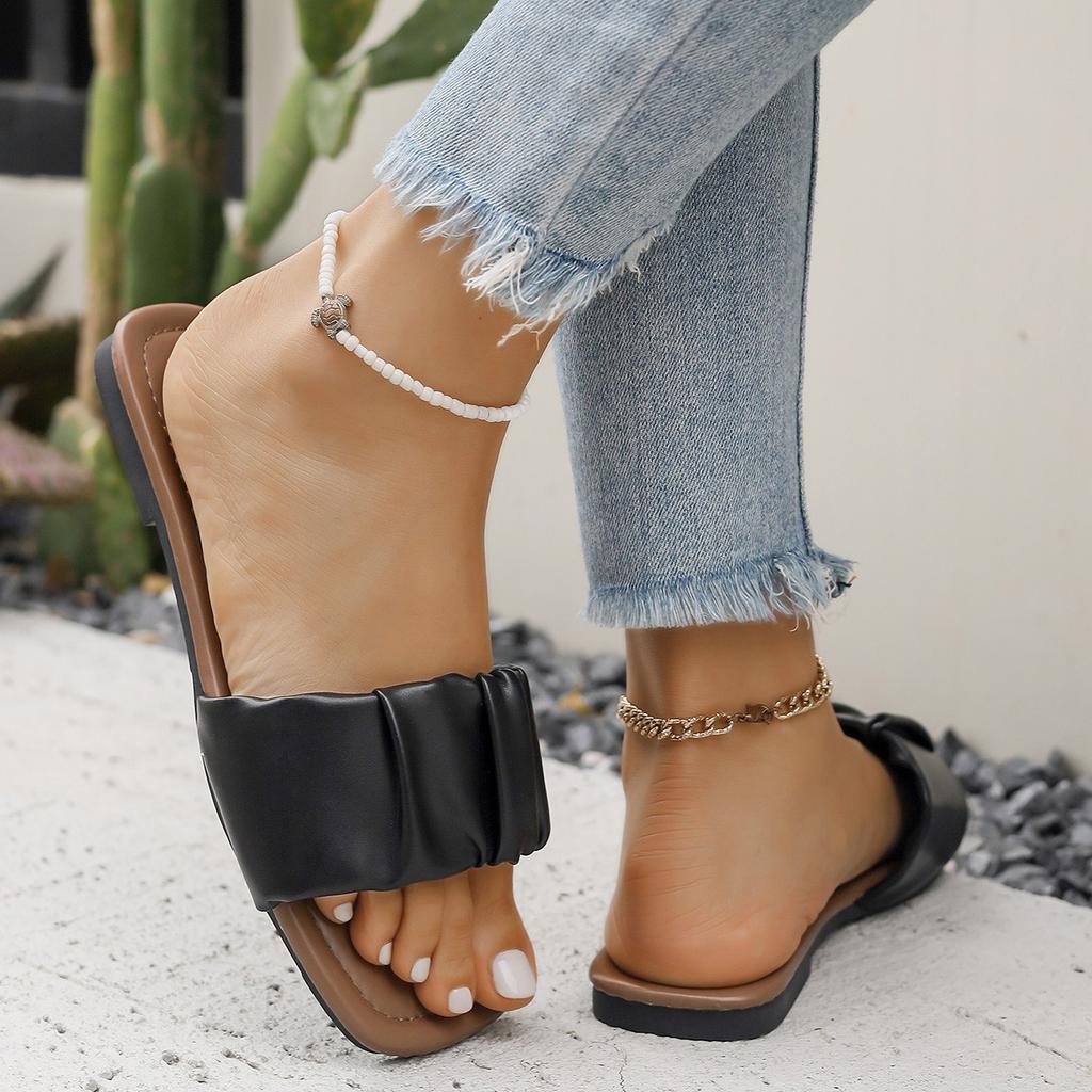 Sommer Hausschuhe für Damen Plissierte Flip Flops Flats Neue Koreanische Hausschuhe Damen Sandalen Grün Slip-on Schuhe Große Größe 36-42