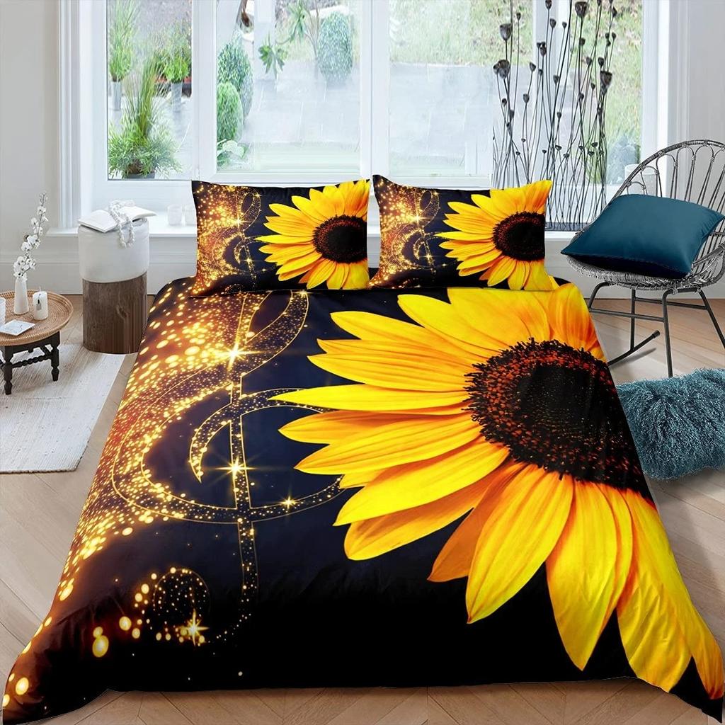 Vintage Sunflowers Duvet Cover Set Letters Bedding Set Letters And Sunflowers Printed Retro Girls Queen Size 2/3pcs Quilt Cover