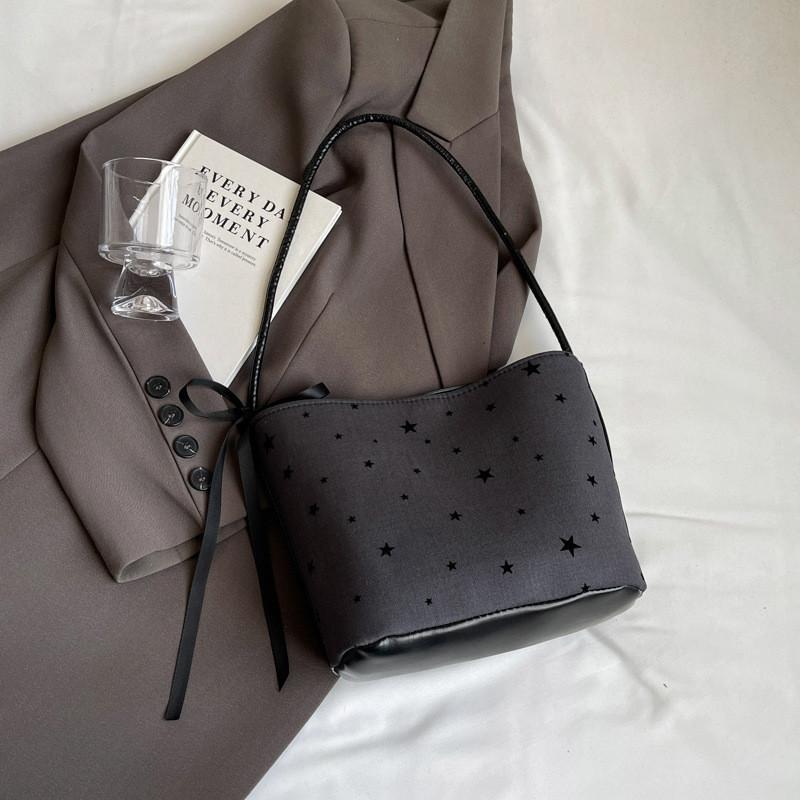 Unique Aesthetic Womens Bucket Bag In Soft Canvas With Polka Dots And Bow Star