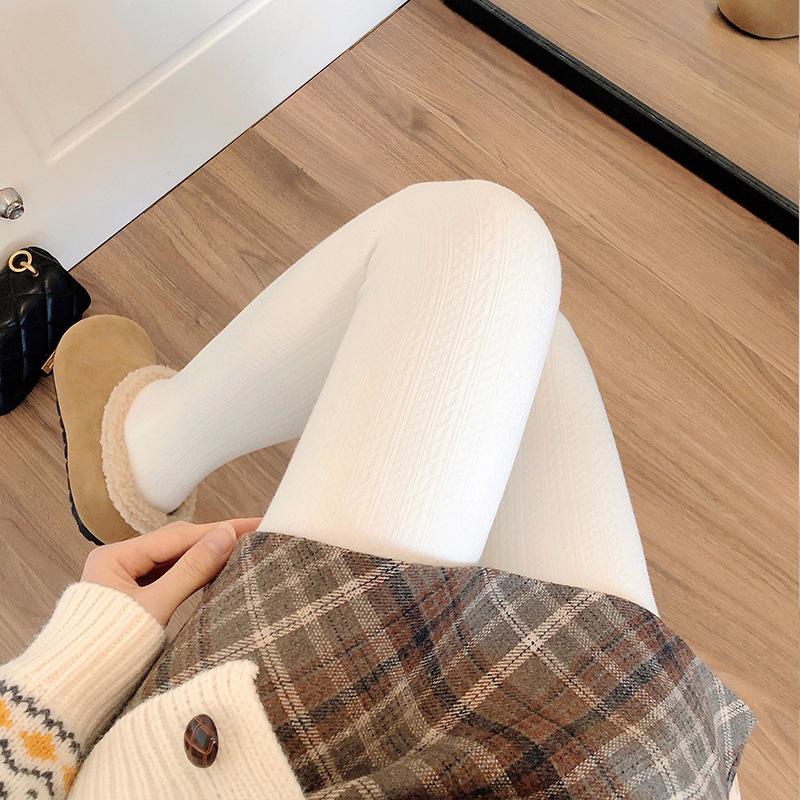 Women's High-Waist Cotton Leggings - Thick, Velvet-Lined, Stirrup Tights In Milk White & Beige for Autumn/Winter
