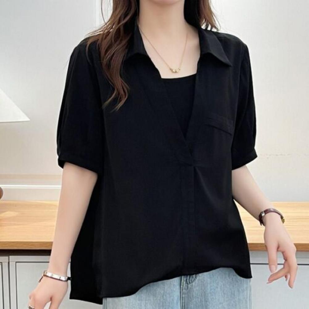 Navava Women Loose Fit Collar Short Sleeve Blouse Nb3196
