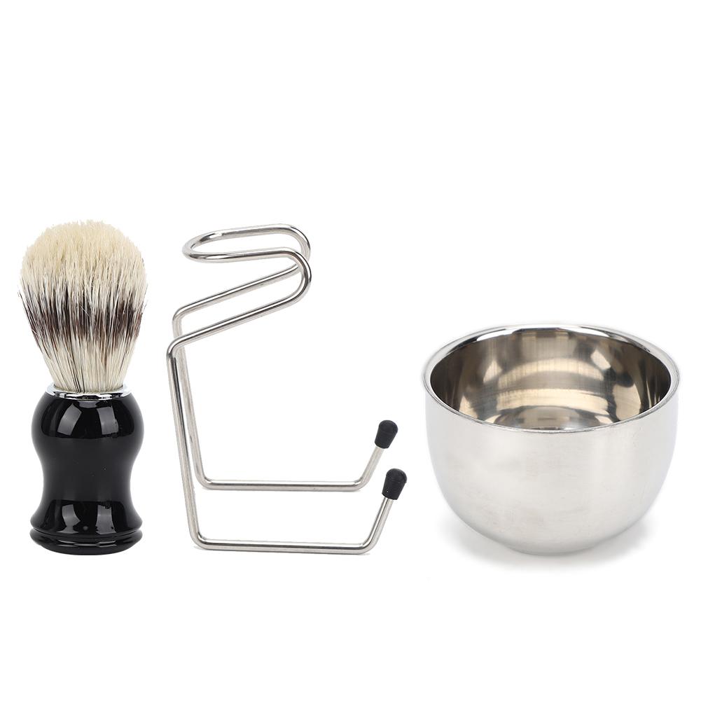 3Pcs Set Shaving Tool Kit Brush with Stainless Steel Bowl Bracket Stand for Men Daily Shaving