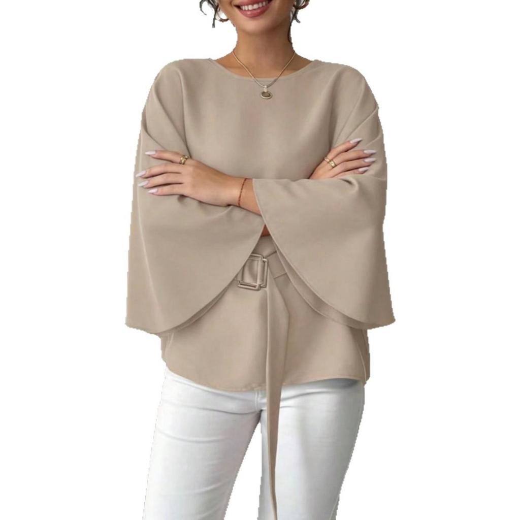 Solid Color Belted Batwing Sleeve Top, Fashion Casual Elegant Spring Summer Daily Wear