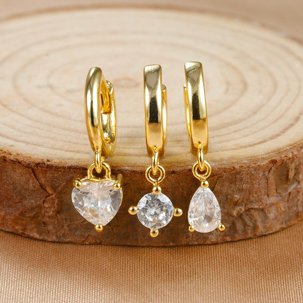 

3PCS Stainless Steel Zircon Heart Minimal Hoop Earrings Set For Women Geometry Round Water Drop Pendant Earring Fashion Jewelry