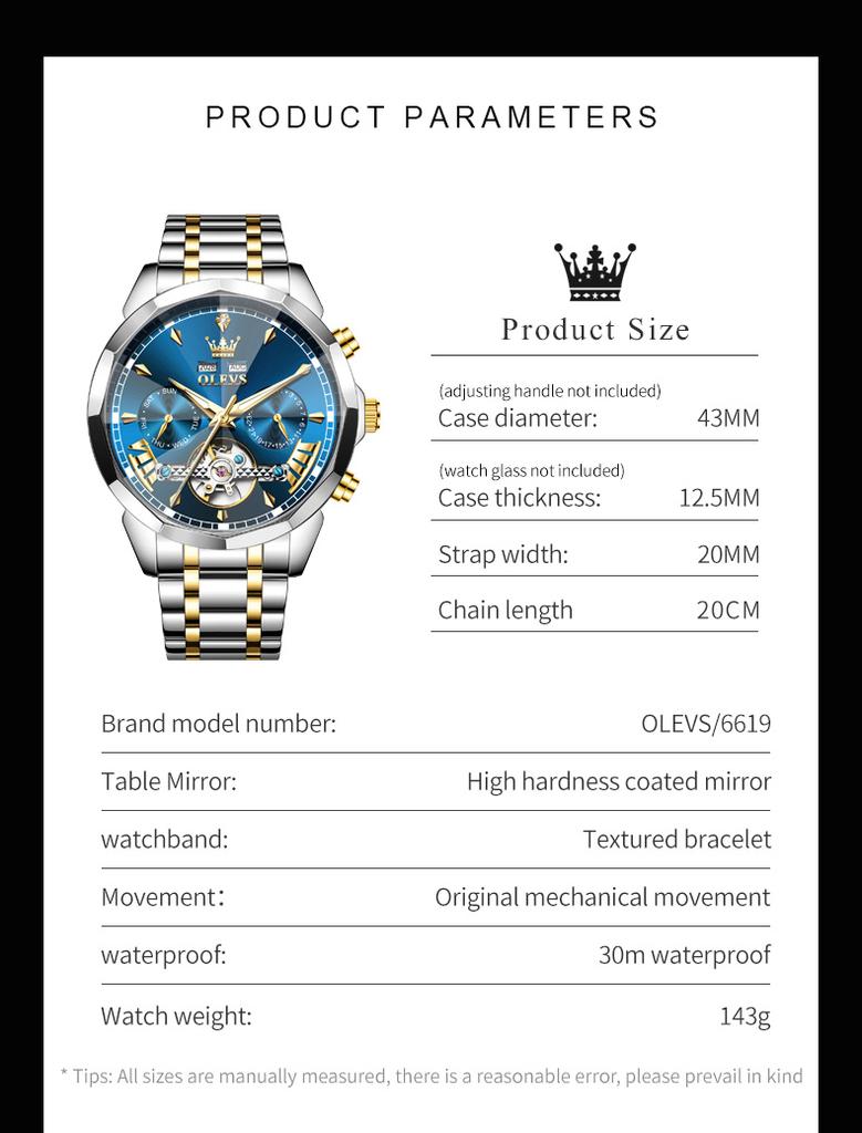 OLEVS 6619 Original Hollowed Automatic Watch Fashion Diamond Shaped Glass Skeleton Multifunctional Mechanical Wristwatch for Men