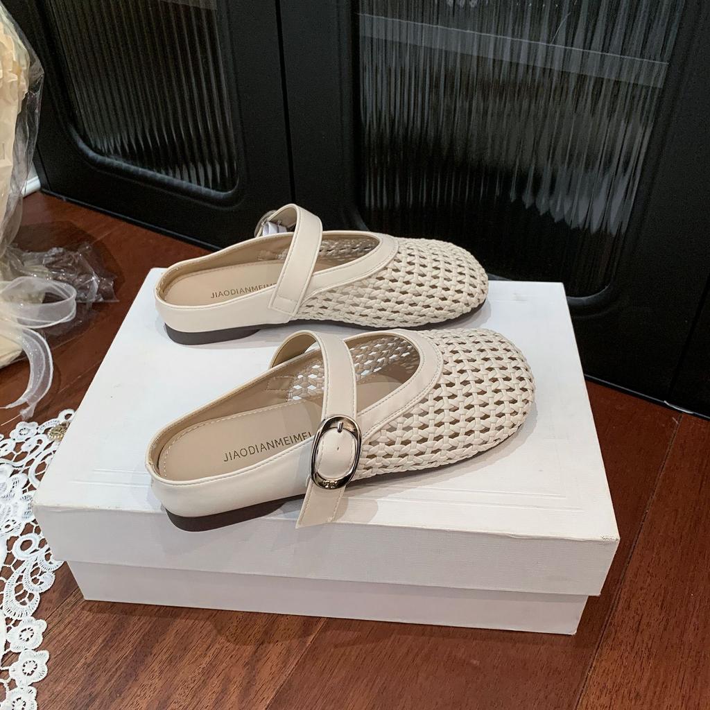 Woven Hollow Bag Head Half Slippers Women's Outer Wear 2025 Spring and Summer Retro Versatile Flat Soft Bottom Lazy Slippers Comfortable
