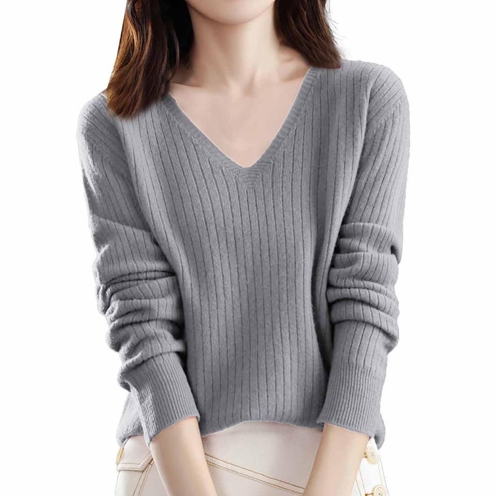 Damenmode Locker Gestrickter Pullover Unterhemd V-Ausschnitt Pullover Langarm Einfarbiges Oberteil