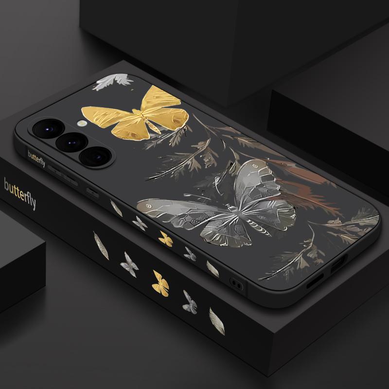 Plating Lens Golden Butterfly Pattern Case For Samsung Galaxy A56 A17 A26 A16 A36 A55 A54 A53 A15 S24 S25 FE S25 S22 S23 Ultra Plus Lanyard Soft Cover