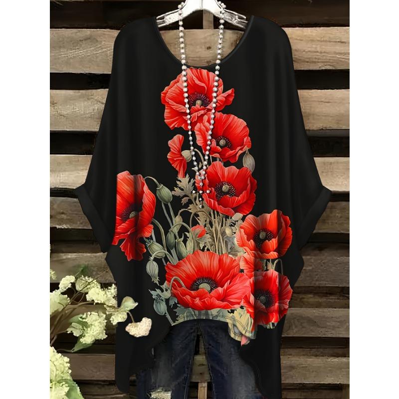 Summer directional plus size plus flower and fruit pattern printed swallowtail round neck T-shirt, no accessories, accessories not included 1XL
