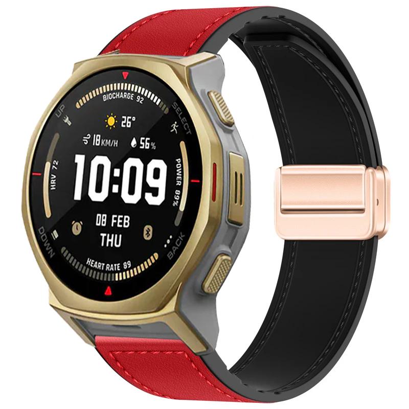 

20mm 22mm Silicone+Leather Strap for Amazfit Watch T-Rex3 Pro Magnetic Bracelet for Amazfit Watch Balance 2/Active 2/GTR4/GTS 4 T-Rex3 Pro 48mm