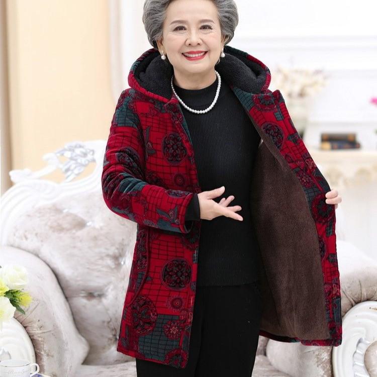 Grandma's Velvet-Lined Corduroy Hooded Winter Coat for Elderly Women