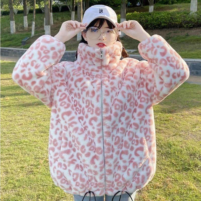 Leopard print fur jacket men's and women's clothing couple winter coat loose jacket imitation rabbit fur plush cotton coat thickened large size