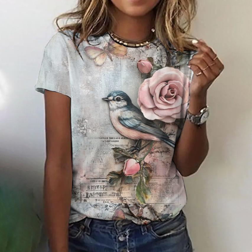 Floral Comfortable Stylish Simple Cartoon Short Sleeve T-Shirt Women's Digital Printing Slim Top