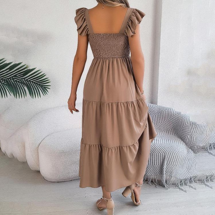 Autumn Winter Women Elegant High Waist Pleated Dress Short Sleeve Solid Color Lace Up Fashion