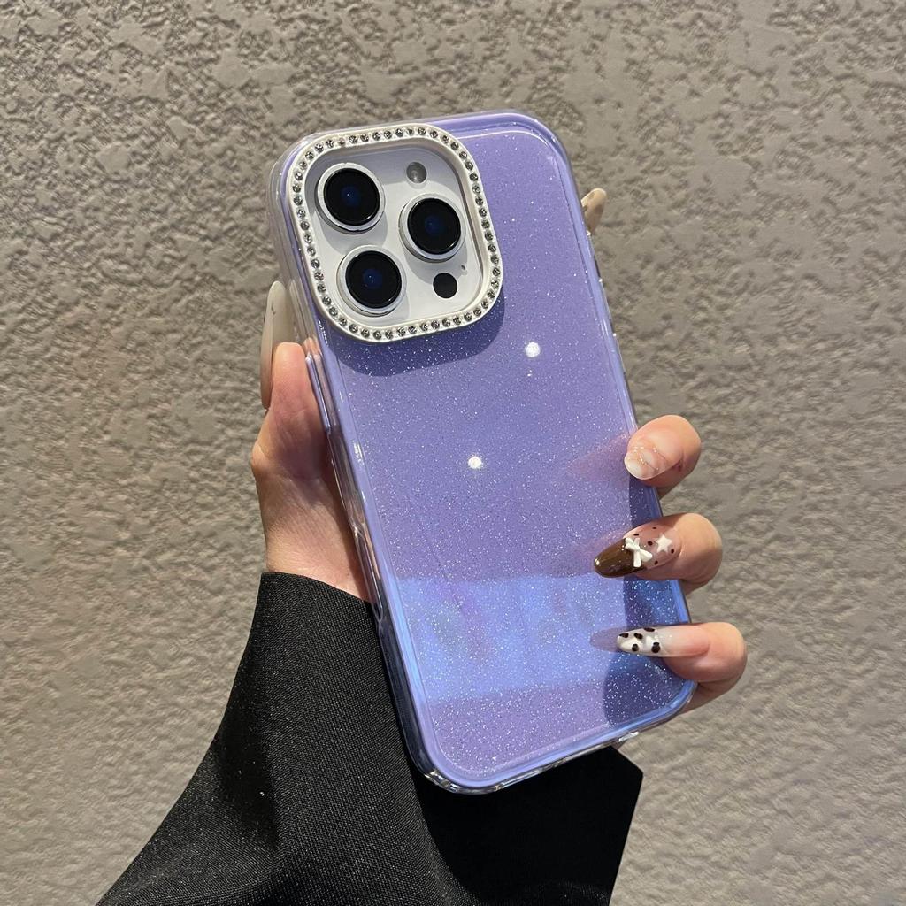 Custodia in Gel Glitterata Monocolore con Cornice Lente in Strass per iPhone 16 Pro Max