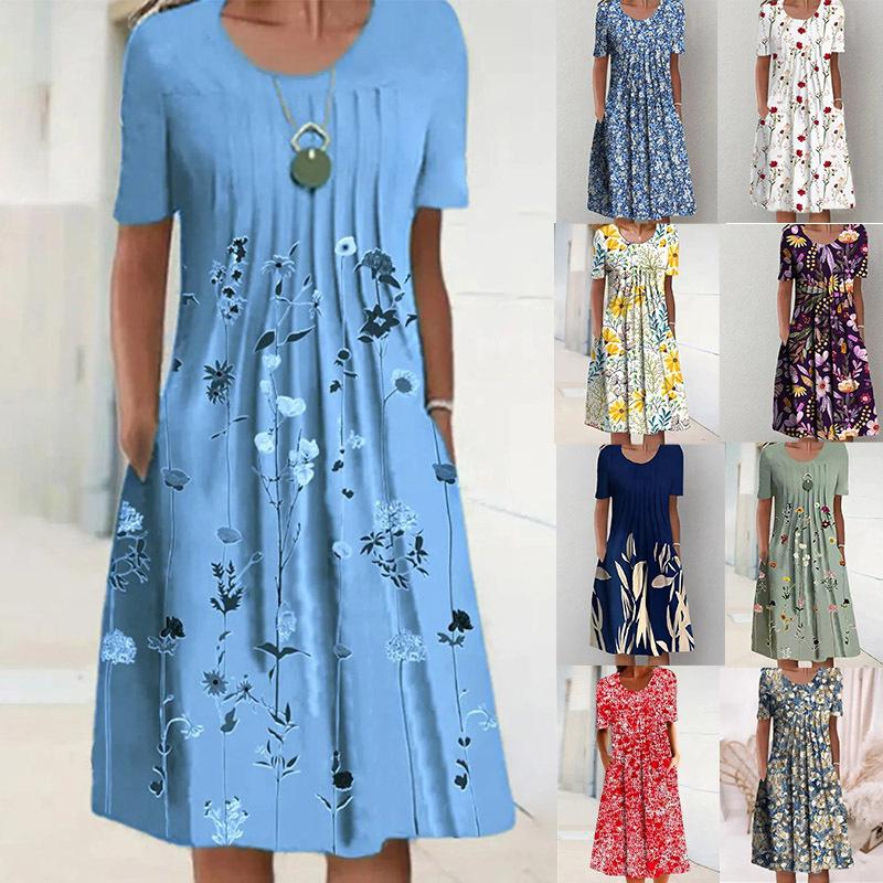 Women Loose Summer Floral Vintage Sexy Ruffles Pocket Dress