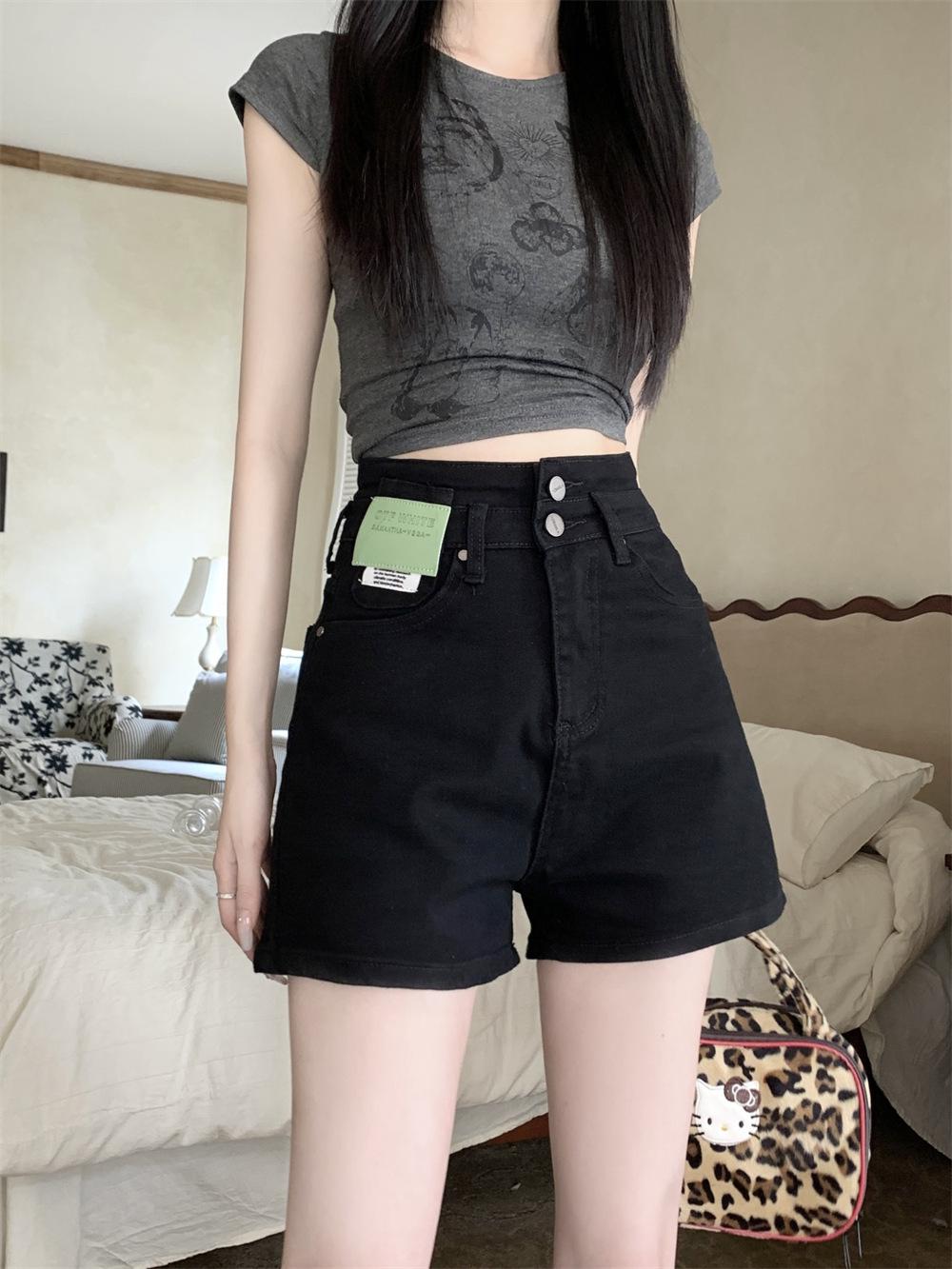 

Женские летние джинсовые шорты с высокой посадкой и широкими штанинами 2025 - Стройнящие, универсальные, А-силуэта на двойной пуговице 5XL [88-100 kg] чёрный