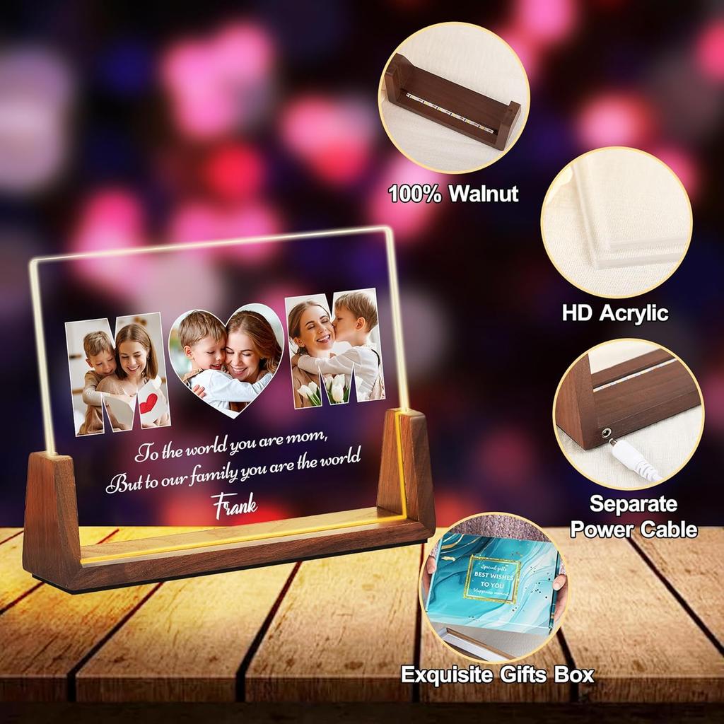 Personalized Mothers Day Unique Gifts for Mom Wife, Mom Gifts from Daughter Son Husband, Custom Acrylic Night Light Picture Frame with Photo Name,