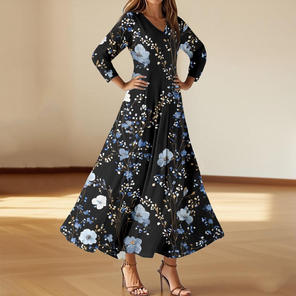 Women’s Long Sleeve V Neck Maxi Dress with Floral Print Loose Fit Lightweight Casual Style for Daily Wear