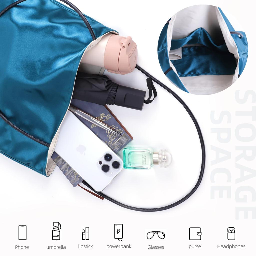 Silk Tote Bag with Thin Leather A4 Large Multiple Travel Jean Leather Strap [DGAZ] Zipper, Strap, Capacity, Lightweight, Storage, Plain, Shopping,