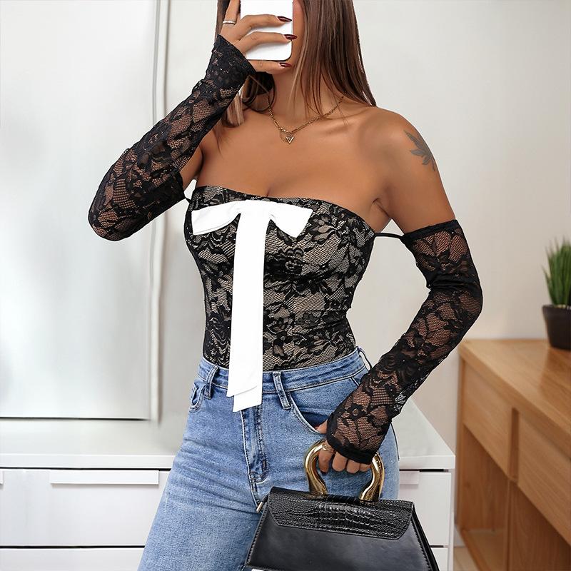Sexy Summer Women Lace Bodysuits Solid Color Short Sleeve Boat Neck Tights Jumpsuits