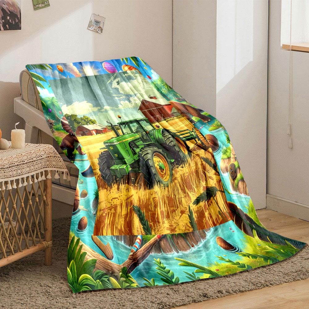 Green Tractor Farm Scene Blanket bedroom Blanket for Livingroom Couch lunch break Soft throw for Friend's festival Gift
