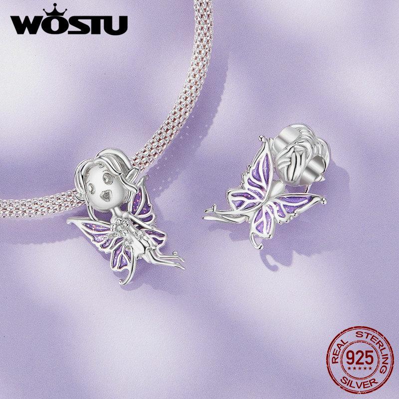 WOSTU Mystic Purple Series 925 Sterling Silver Butterfly Charms Elf Pendant Drop Zircon Moon Beads Fit DIY Bracelet Neckalce