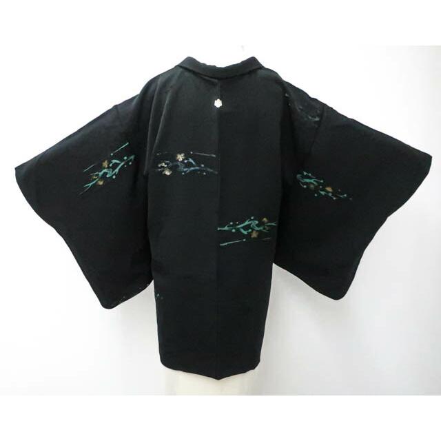 Recycled kimono, black haori, single crest, flower pattern on branch, gold thread, pure silk, haori with strings, length approx. 78.5 cm,